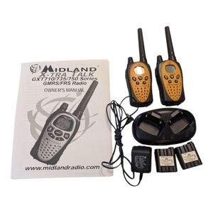 Midland Yellow GXT X-TRA TALK 2 Way Walkie Talkies, Belt Clips w Base & Plug Set